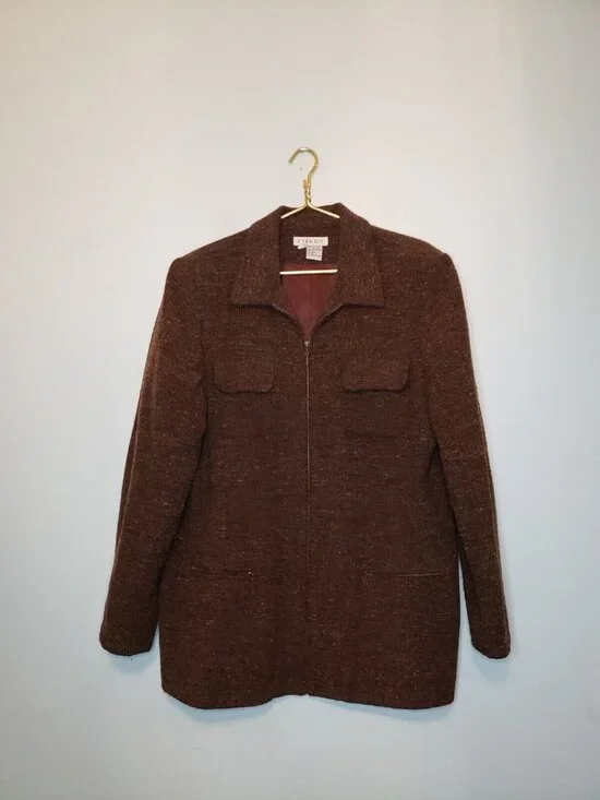 Chaus Womens 16 Coat Jacket Full Zip Long Sleeve Brown Tweed Wool Blend Pockets
