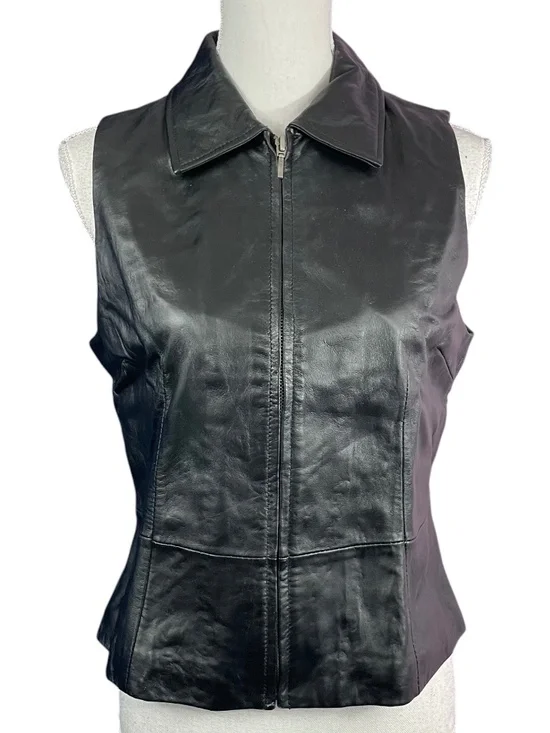 Lambskin Leather Biker Vest M Black Full Zip Collared Sleeveless Jacket Smooth