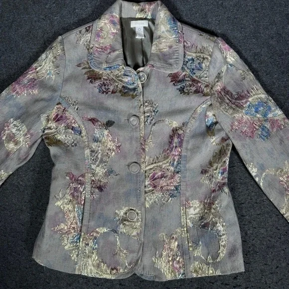 Chicos Brocade Blazer Jacket Size 0 Metallic Floral Tapestry Button‎ Front Grey