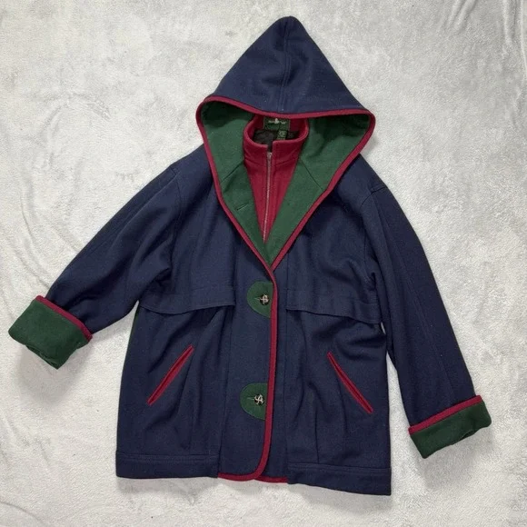Vintage Hunt Club Women's Size 12 Wool Hooded Coat Navy Green Red 90s Preppy