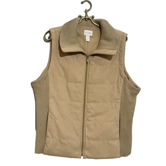 Chico's Woman Vest Quilted Tan‎ Beige Vest Rib Knit Jacket Size Size 3