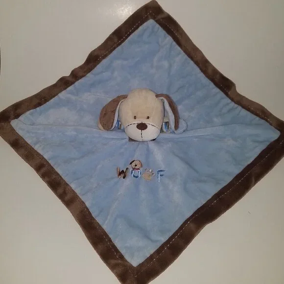 Carter's WOOF Puppy Dog Lovey Rattle Plush Blue Brown Stuffed Animal Baby Toy