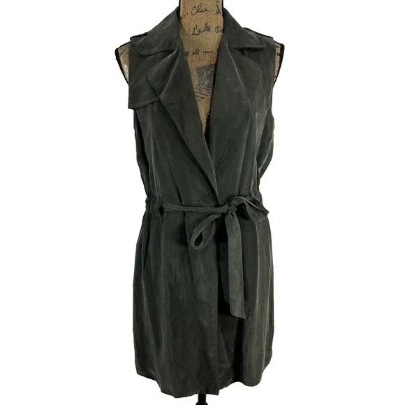 Elevenses Wrap‎ Jacket SMALL Tie Olive Green Anthropologie 100% Cupro Sleeveless