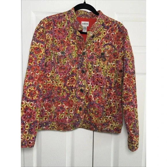Chico's Embroidered Eyelet Trucker Jacket Womens Size 1 M Multicolor Cotton Boho