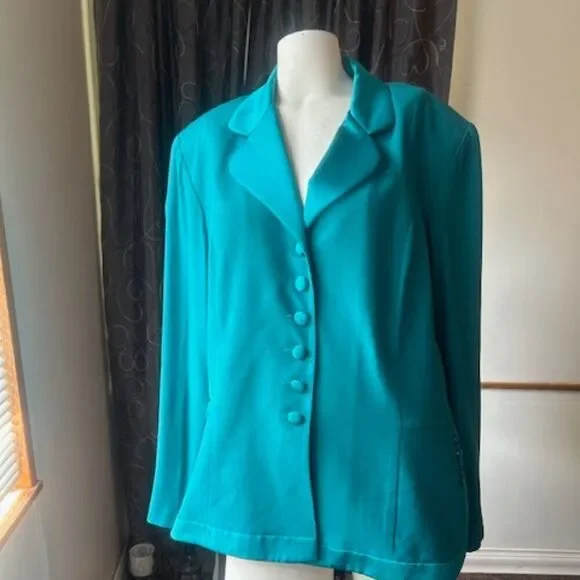 BG Bahari Group Vintage Turquoise Green Satin Lapel & Hem Blazer, size 22W