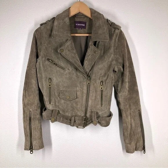 Vigoss Genuine Brown Suede Leather Moto Jacket Small