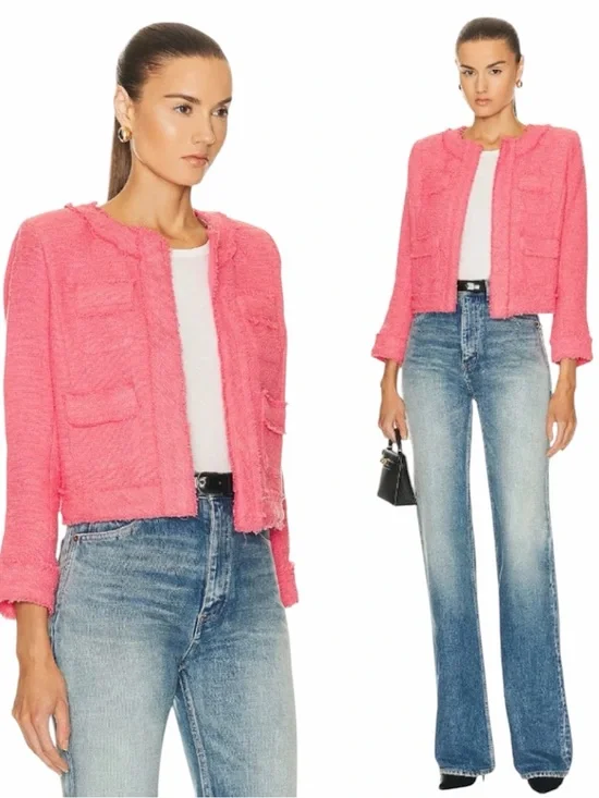 L’AGENCE | Women’s Keaton Tweed Short Blazer in Coral Rose Size 0