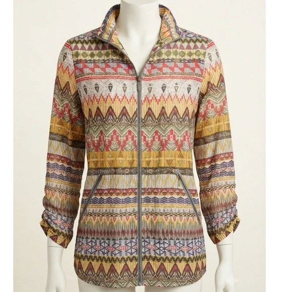 Multiples Womens Southwestern Geometric Boho Zip Up Roll Tab Sleeve Jacket Small