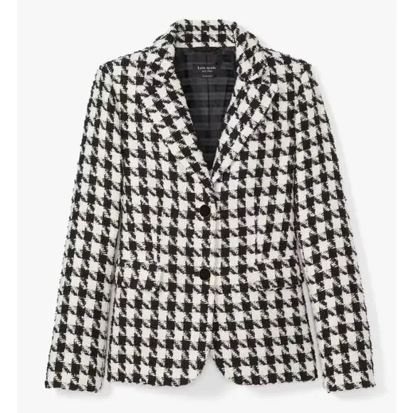 Kate Spade Houndstooth Avery‎ Blazer Jacket Black White Preppy Old Money 10