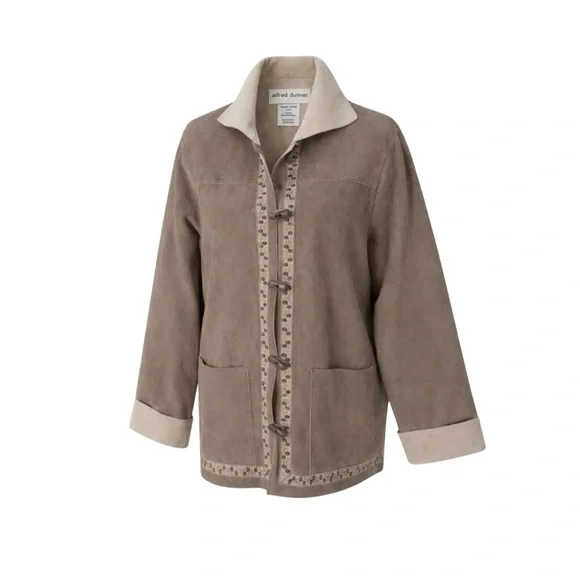 Alfred Dunner Womens Faux Suede Jacket Brown Embroidered Cottagecore‎ Size 12