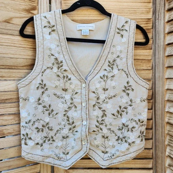 Vtg Casual Corner SMALL Beige 100% Cotton Embroidered Floral Vest Cottagecore