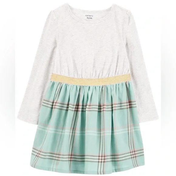 Carter’s Toddler Plaid Skirt Dress Gold Sparkle long sleeve Dress Size 4T