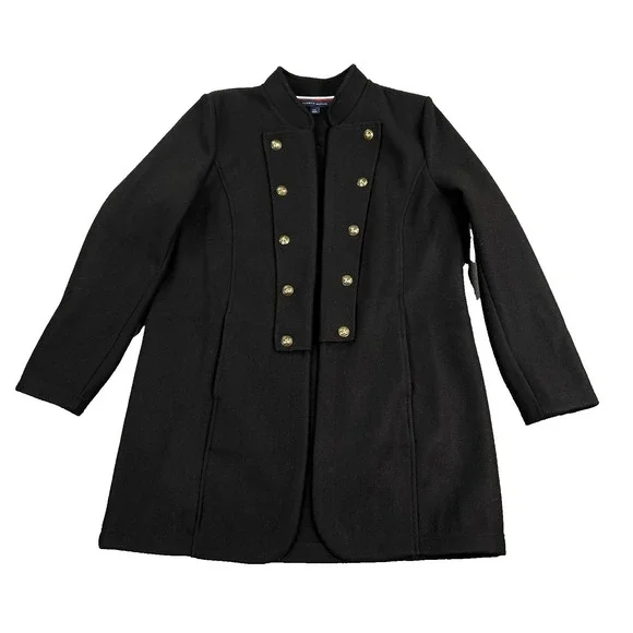 Tommy Hilfiger Womens Black Military Band Double Breasted Open Coat Jacket Large