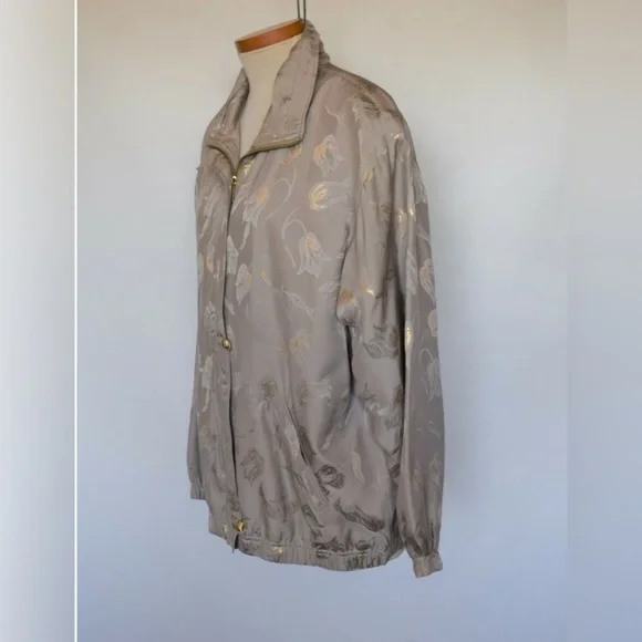 Vintage EVR - flower Print - Brown Jacket - 100% Silk - made in china L