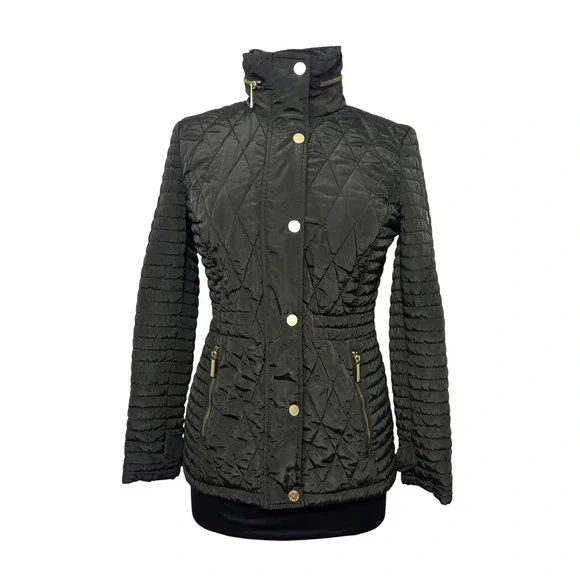 Michael‎ Kors Quilted Moss Green Puffer Jacket Gold Hardware Hidden Hood Size PS