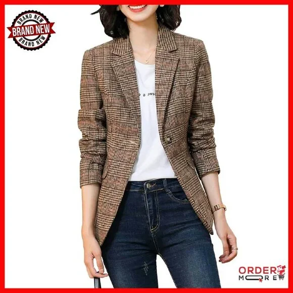 Women's Houndstooth Plaid Blazer Jacket Notch Lapel Boyfriend Fit