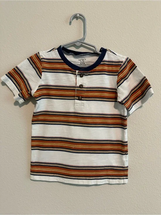 Carter's Short-Sleeve Striped Henley Tee - White, Rust & Navy
