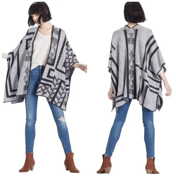 Lucky Brand Intarsia Poncho Neutral Black Gray Cotton Blend One Size