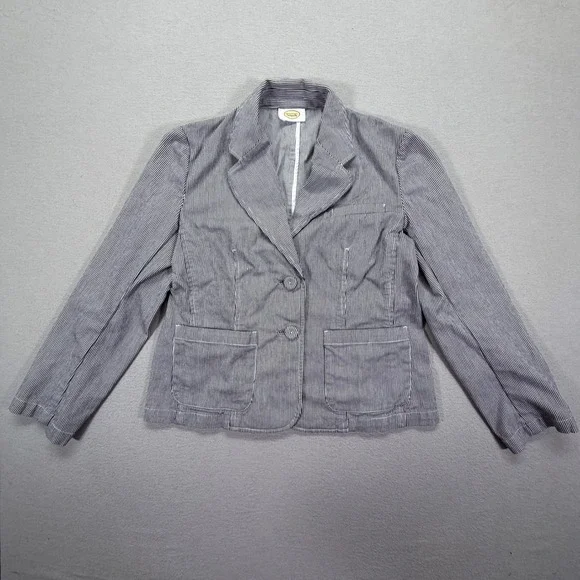 Talbots Women Blazer Regular Navy White Striped Seersucker Cotton Blend 12