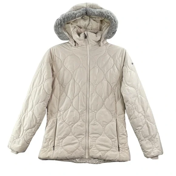Columbia Joy Peak Hooded Jacket Women XS White Quilted Omni-Heat Faux Fur Travel