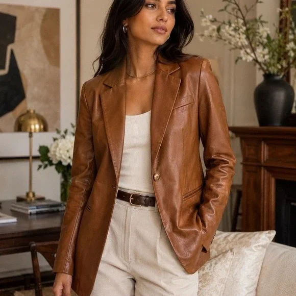 Vintage Denim & Co Leather Blazer Women Small Brown Minimalist Dark Academia