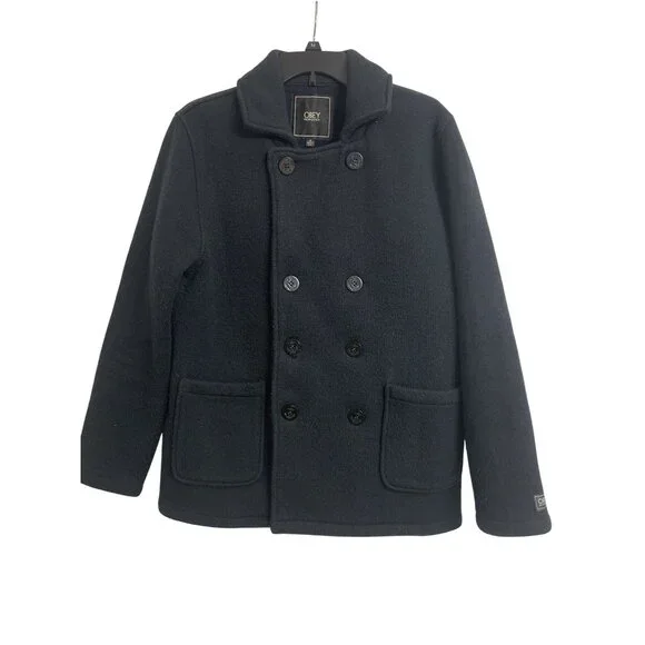 Obey Propaganda M Knit Double Breasted‎ Pea Coat W/ Nautical Buttons