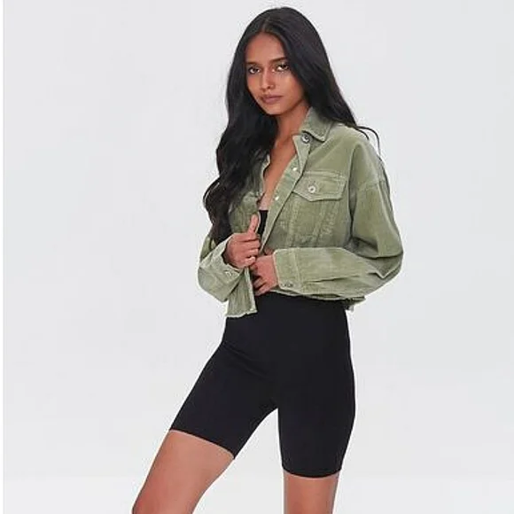 Forever‎ 21 corduroy cropped button up boxy jacket Sage green SZ M raw cut hem