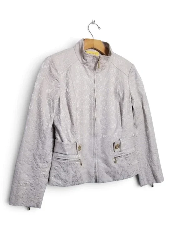 St John Evening Jacket Size 4 Champagne Metallic Brocade Gold Zip Blazer Elegant
