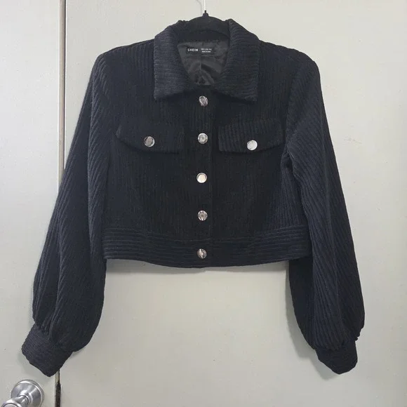 Women's S Black Corduroy Cropped Jacket Balloon Sleeve Silver Button Y2K Grunge
