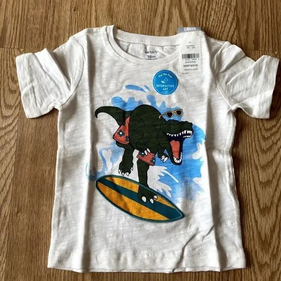 Carter's Dinosaur Surfs Up Interactive Flip Tee White 18 Months
