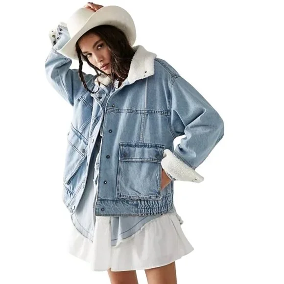 Free People We The Free Ariel Cozy Bomber Jacket Denim Sherpa Trim Size L