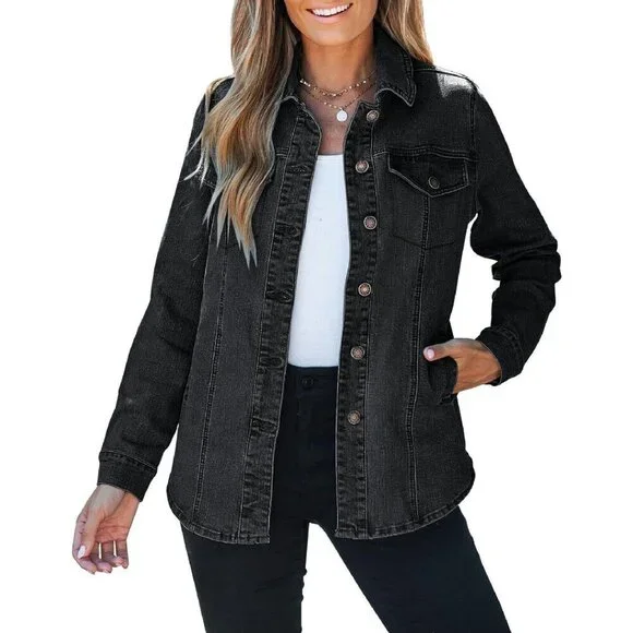 Oversized Denim Shacket with Pockets Western Style Button Up Jacket