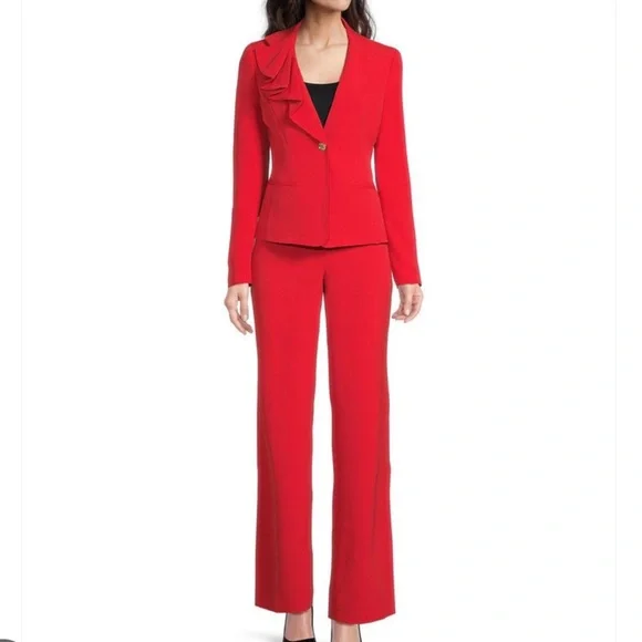 Nipon Boutique Asymmetrical Ruffled One-Button Jacket & Wide-Leg Pant Suit 18