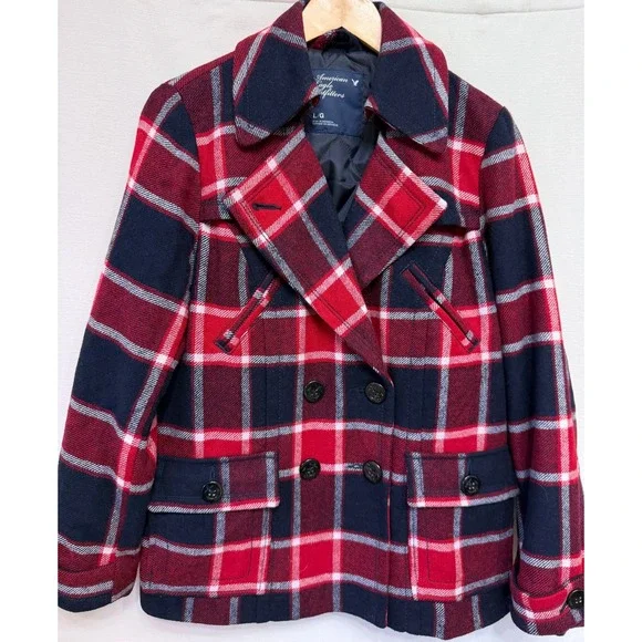 American Eagle Outfitters Red Navy Plaid Wool Blend Pea Coat Jacket Womens L