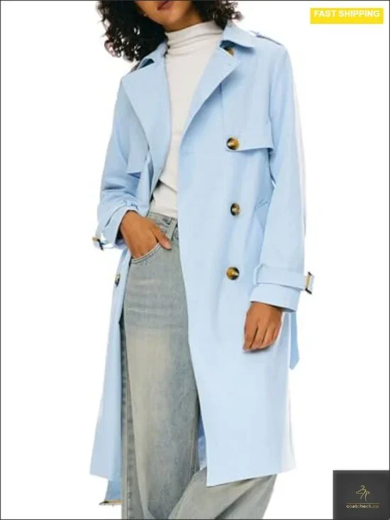 Women's 3/4 Length Double Breasted Trench Coat Belted Notch Lapel Lightweight