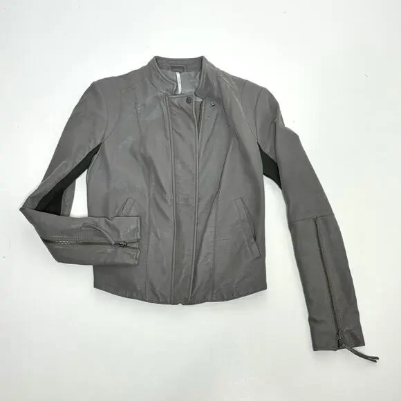 Free People Cool & Clean Vegan, Faux Leather Moto Jacket Slate Gray 4