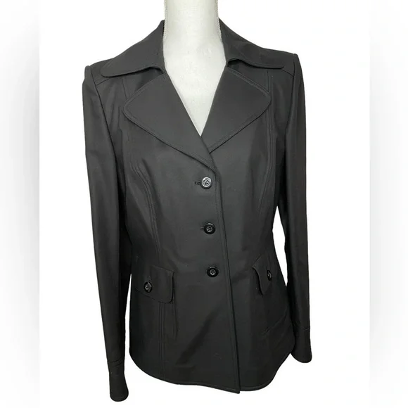 Ellen Tracy Black Blazer Cotton Spandex Wide Notch Collar Three Button Size 10