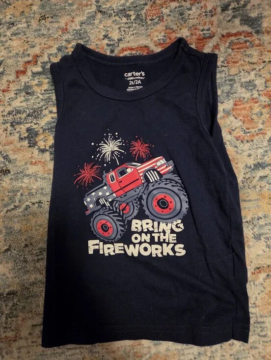 Carter's Navy Tank Top with Red & White Monster Truck and Fireworks