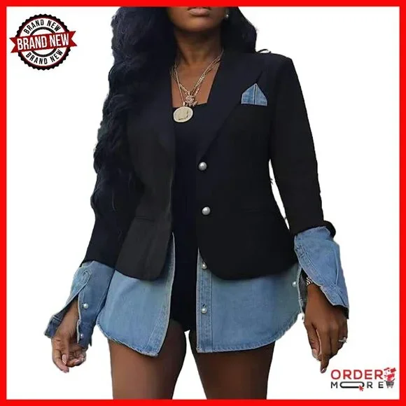 Denim Patchwork Blazer Jacket Long Sleeve Button Down Casual Office