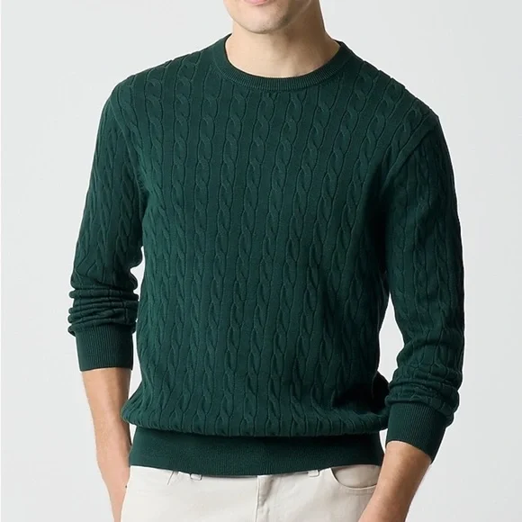 J. CREW Cable Knit Sweater Size Large Forest Green Cotton Men’s Pullover Soft