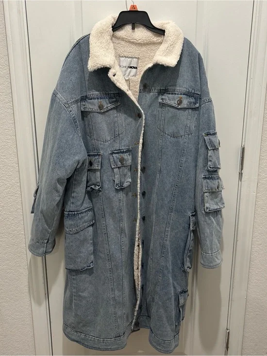 Fashion Nova Light Blue Sherpa-Lined Denim Trench Coat