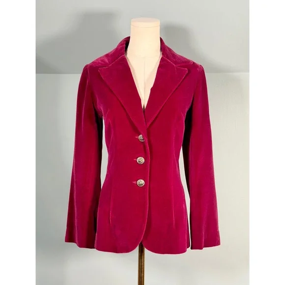Vintage 1970s Vintage Velvet Blazer Raspberry Red 70s Fall Jacket Size Medium