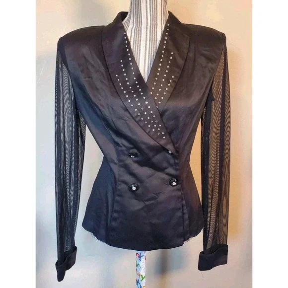 J. Harris Jacket Top Women L Open Back Sheer Longsleeves Double Breasted‎ Black