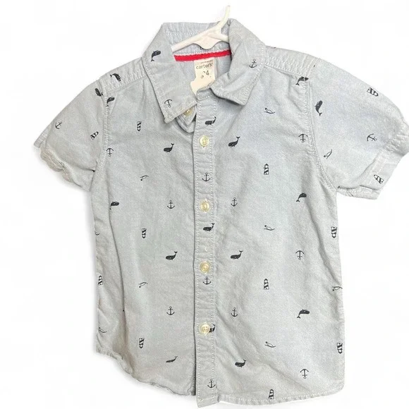 Carters Toddler Boy Nautical Chambray Short Sleeve Whale Anchor Button Shirt 24M