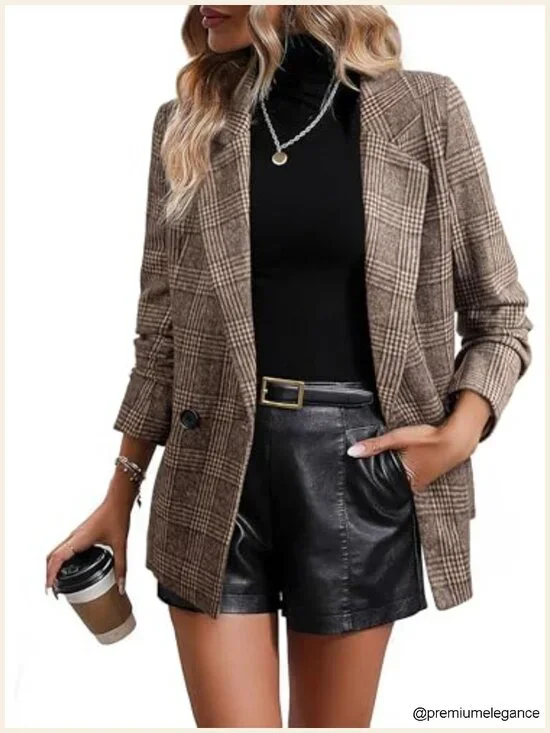 Women's Plaid Blazer Double Breasted Open Front Long Sleeve Work Suit with