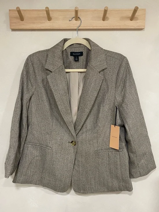 Halogen Shrunken Herringbone Blazer Taupe Size 12 NWT