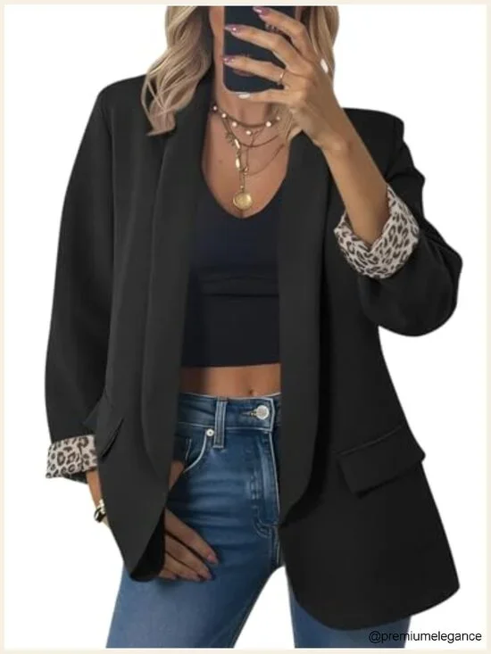 Shawl Collar Leopard Lined Open Blazer Lightweight Office Suit Jacket