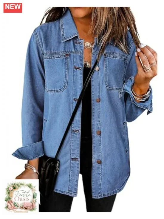 Denim Jackets for Women Trendy Long Sleeve Button Down Shacket with Pockets