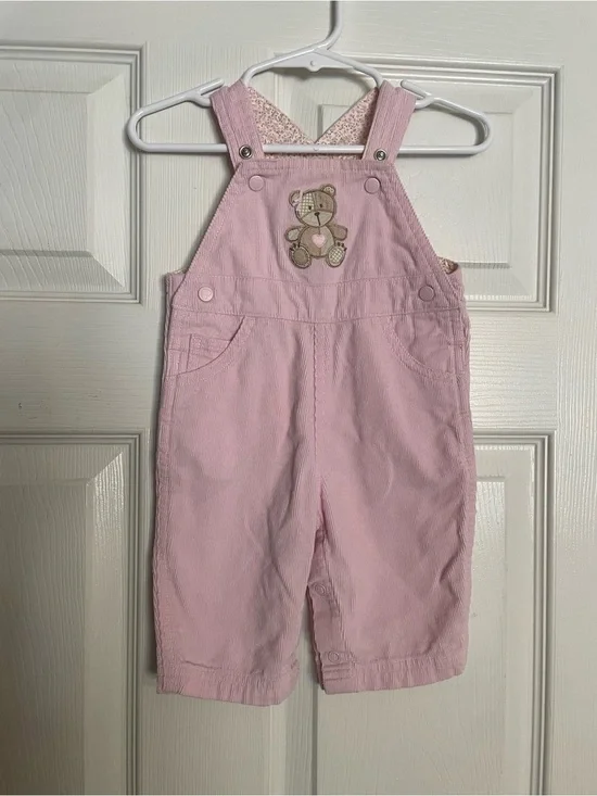Vintage Carters 0-3 Months Pink Teddy Embroidered Corduroy Overalls EUC