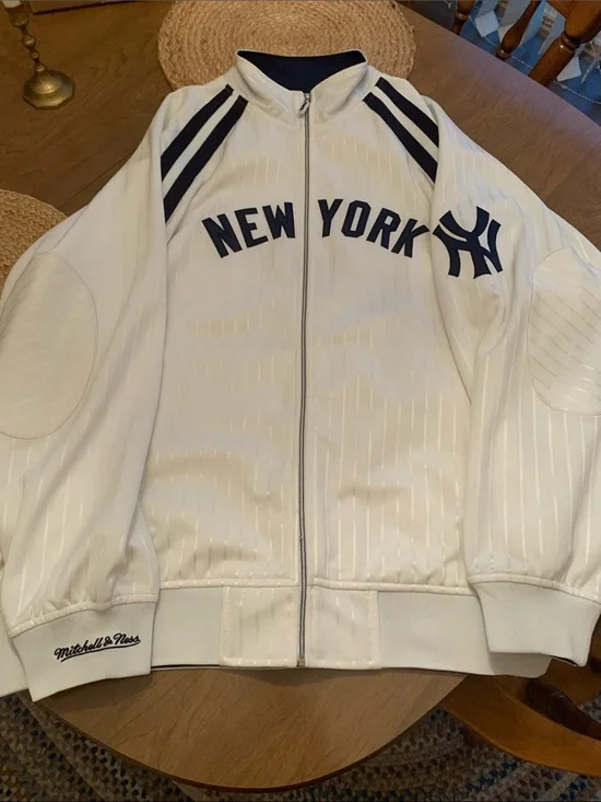 Mitchell & Ness White and Navy New York Yankees Full-Zip Bomber Jacket
